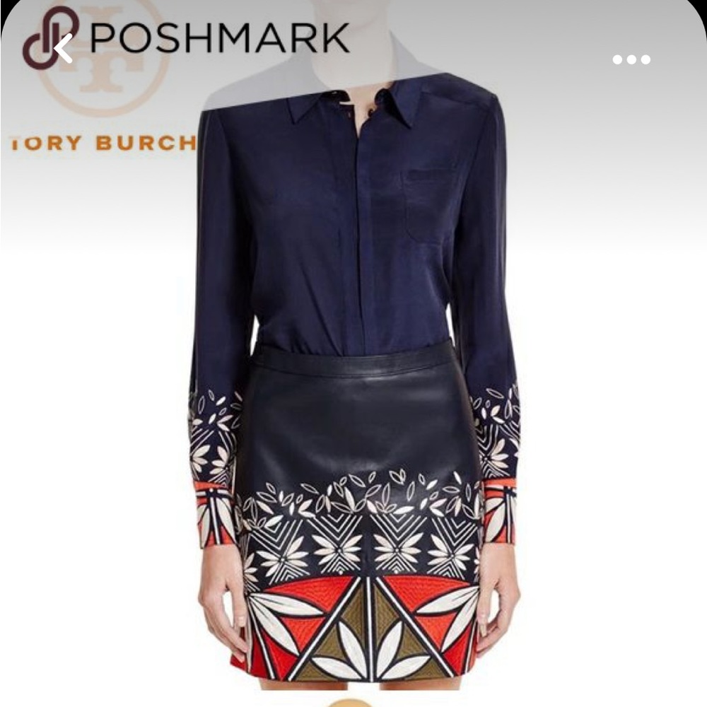 Tory Burch 100% silk Navy Button Down with lower sleeve accents - size 4